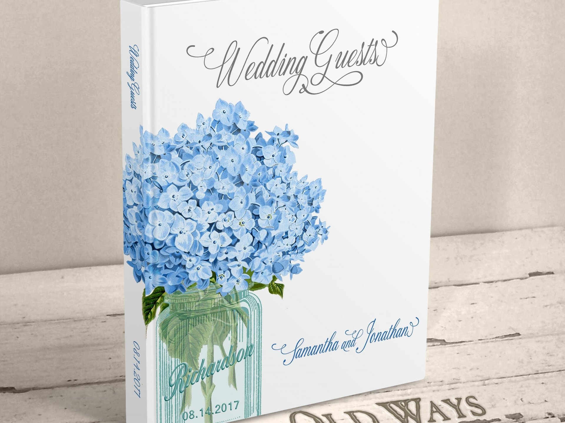 Mason Jar Wedding Guest Book - Blue Hydrangea Flowers - Personalized Hardcover Book