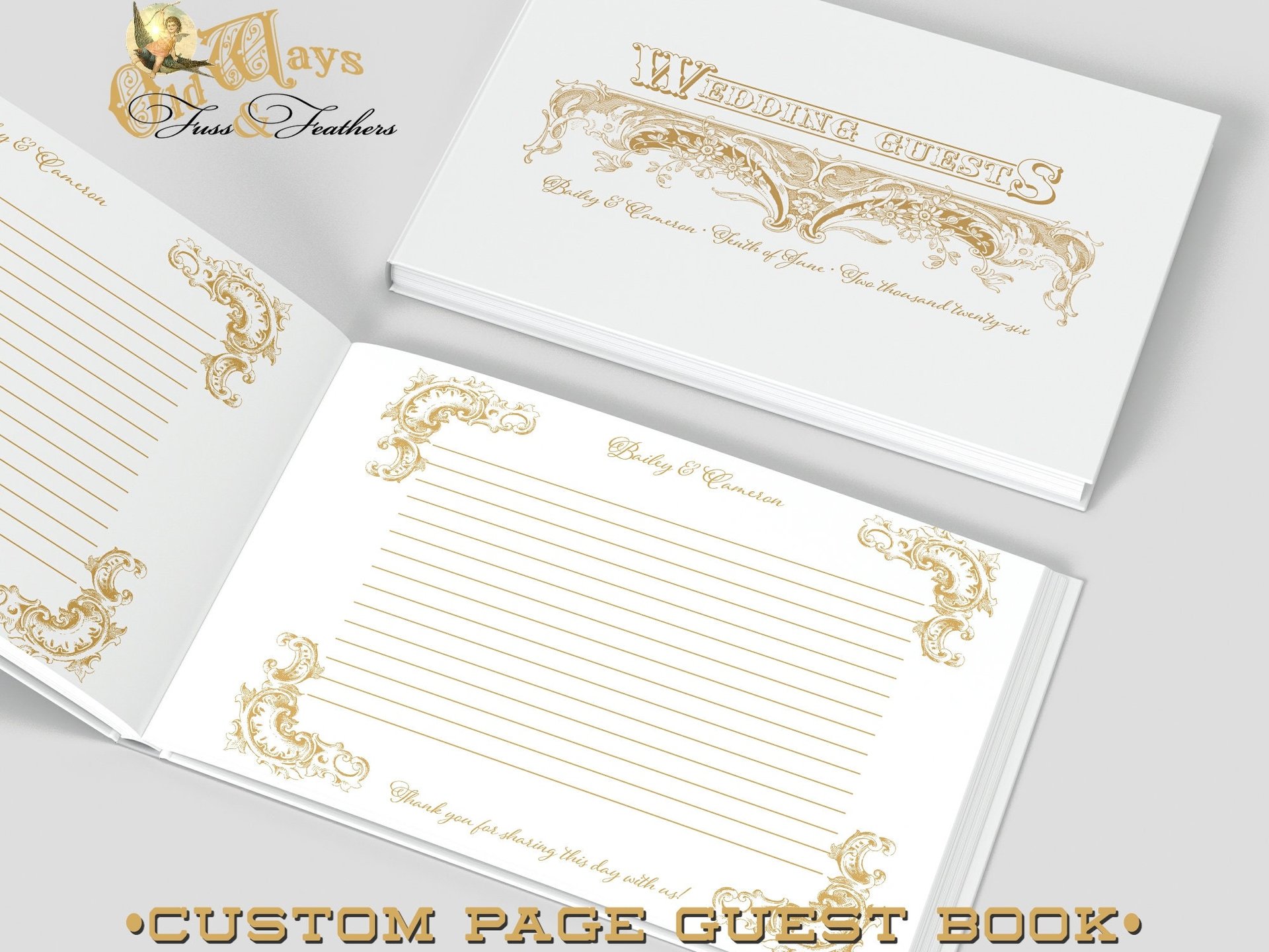 Custom Page Wedding Guest Book - Antique Style, Personalized Keepsake - White & Gold