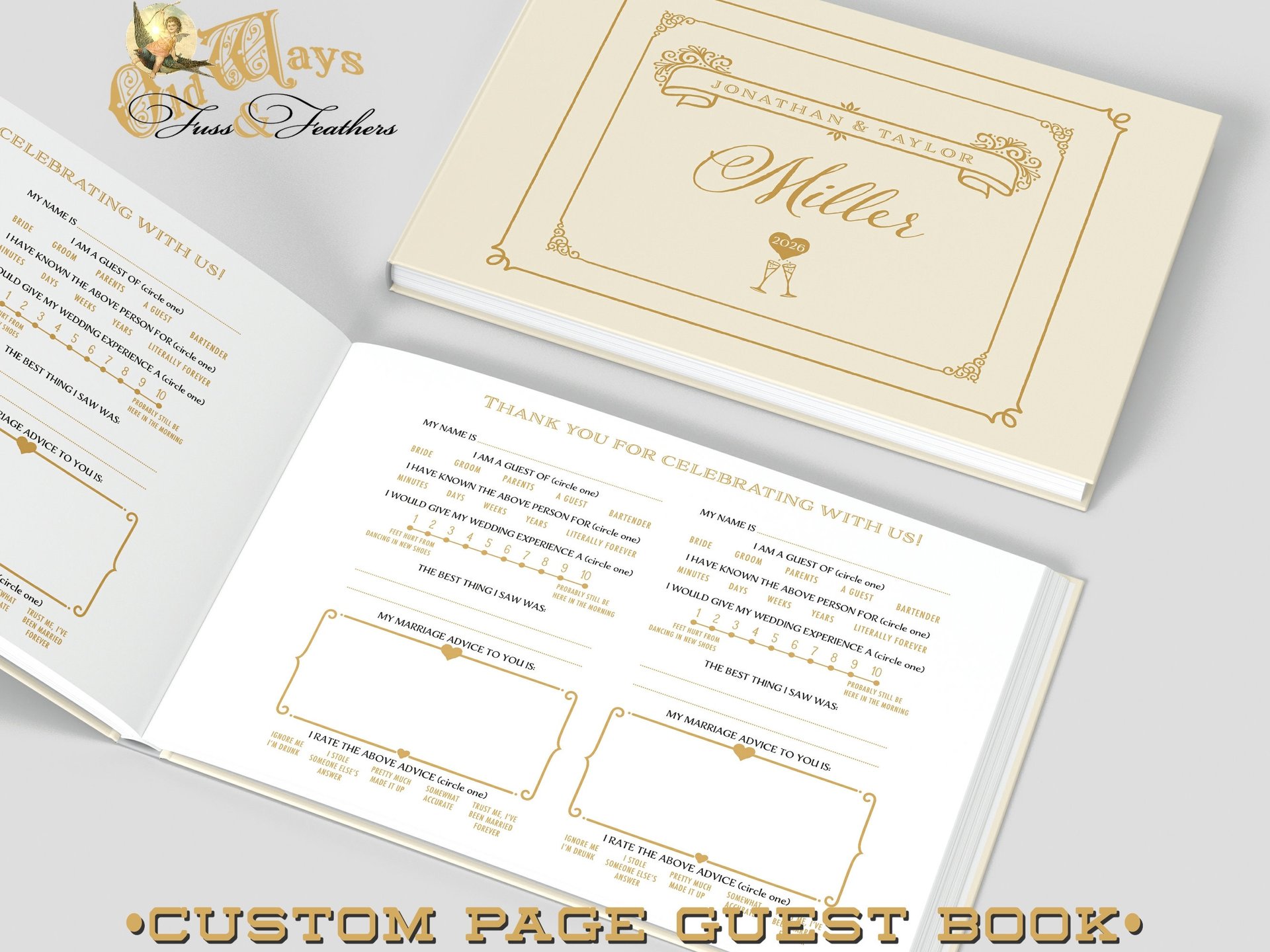 Wedding Guest Book with Mad Libs Pages - Personalized Vintage Style Prompted GuestBook
