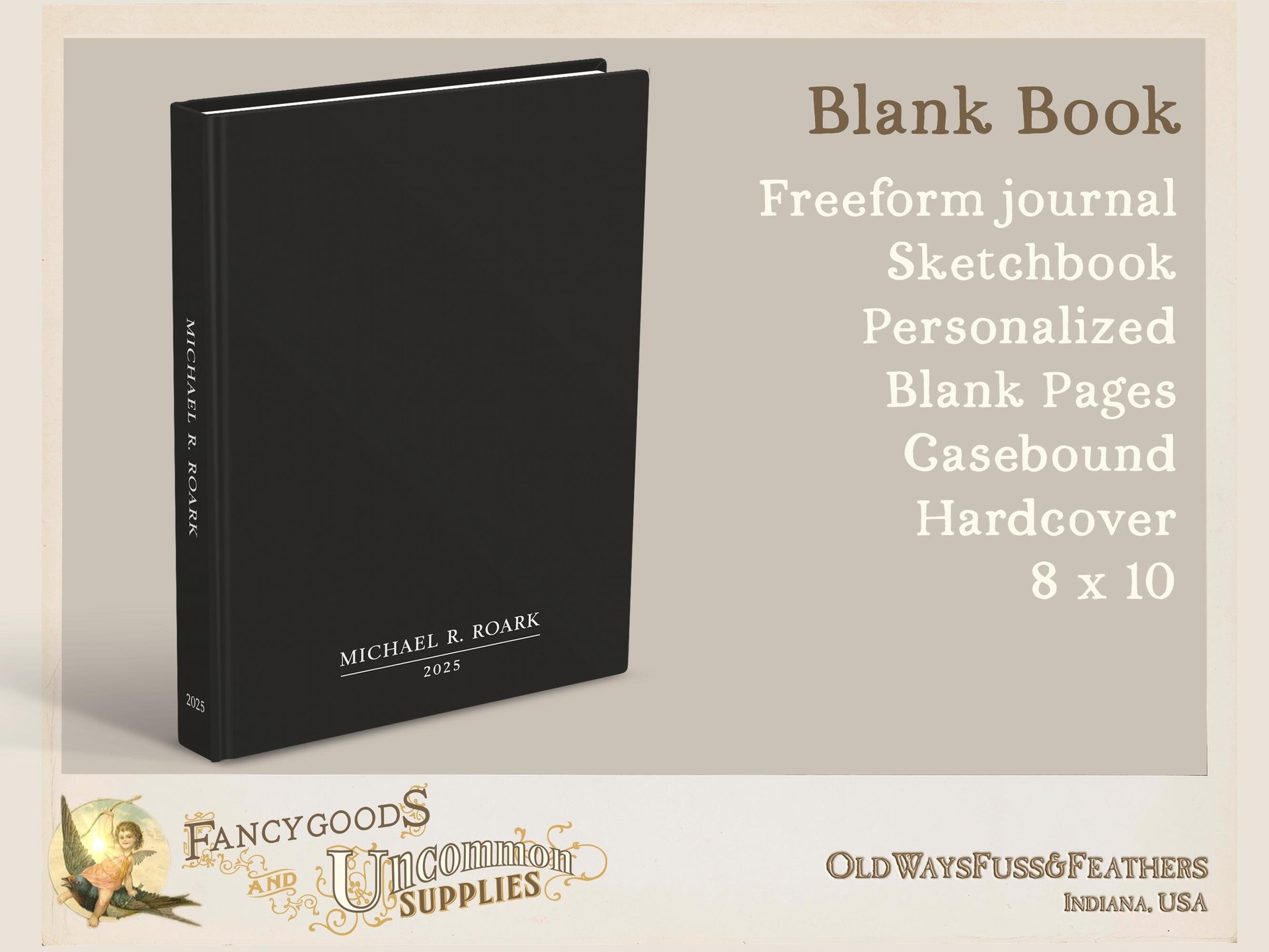 Classic Men's Blank Page Book in Black - Personalized Freeform Journal or Sketchbook