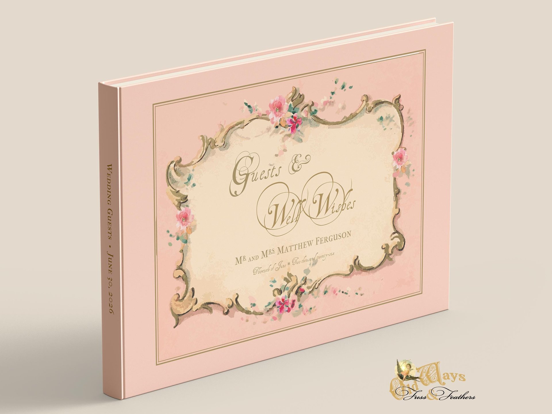 Pink antique style hardcover traditional wedding guest book french vintage illustrative frame is on the front cover and the cover is personalized with names and wedding date