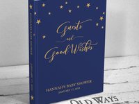 Celestial Navy Blue Baby Shower Guest Book - Star Themed Personalized Hardcover GuestBook