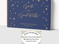 Celestial Navy Blue Baby Shower Guest Book - Star Themed Personalized Hardcover GuestBook
