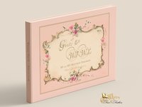 Pink antique style hardcover traditional wedding guest book french vintage illustrative frame is on the front cover and the cover is personalized with names and wedding date
