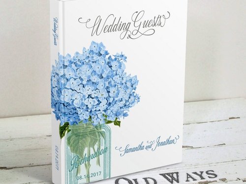 Mason Jar Wedding Guest Book - Blue Hydrangea Flowers - Personalized Hardcover Book