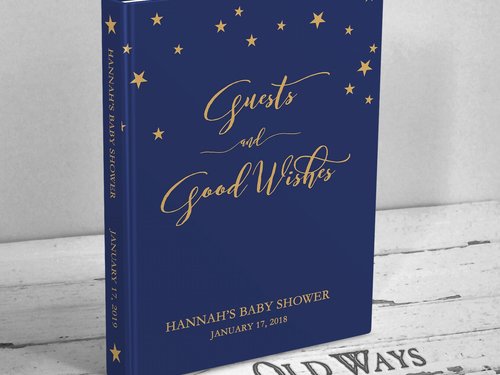 Celestial Navy Blue Baby Shower Guest Book - Star Themed Personalized Hardcover GuestBook