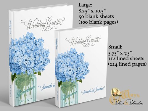 Mason Jar Wedding Guest Book - Blue Hydrangea Flowers - Personalized Hardcover Book