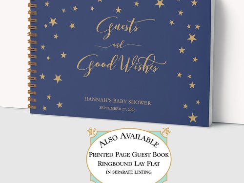 Celestial Navy Blue Baby Shower Guest Book - Star Themed Personalized Hardcover GuestBook