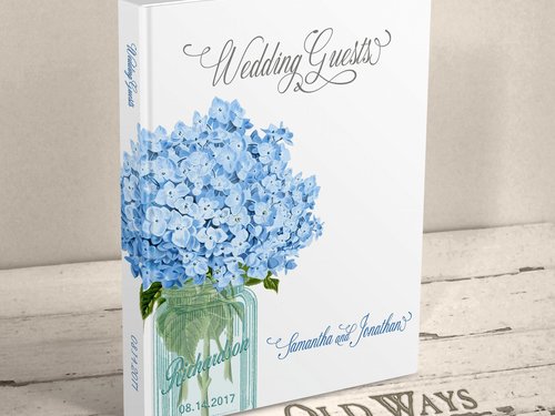 Mason Jar Wedding Guest Book - Blue Hydrangea Flowers - Personalized Hardcover Book
