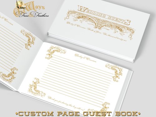Custom Page Wedding Guest Book - Antique Style, Personalized Keepsake - White & Gold