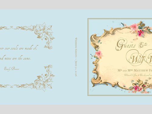 Light Blue Custom Wedding Guest Book - Antique Style Traditional Book with Personalized Pages