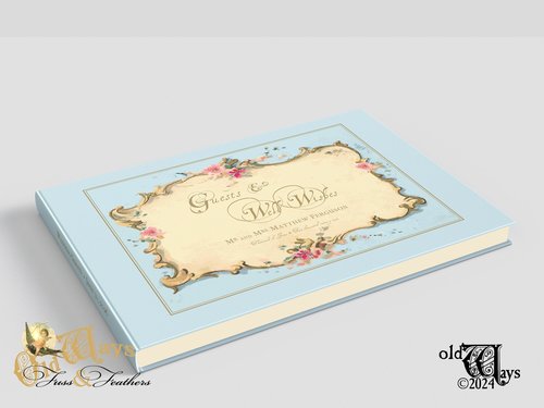Light Blue Custom Wedding Guest Book - Antique Style Traditional Book with Personalized Pages