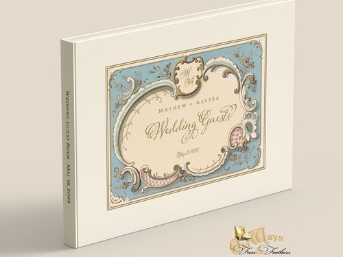 Personalized Wedding Guest Book - Vintage Blue & Ivory - Victorian Antique Design with Custom Pages