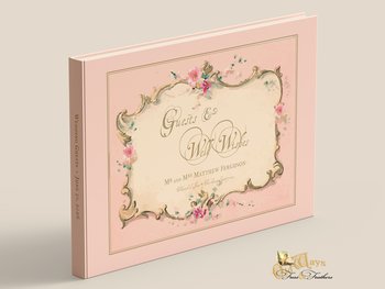 Pink antique style hardcover traditional wedding guest book french vintage illustrative frame is on the front cover and the cover is personalized with names and wedding date